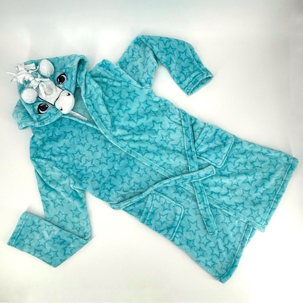 Jelly Fish Kids Teal Star Patterned Plush Unicorn Hooded Robe, XL